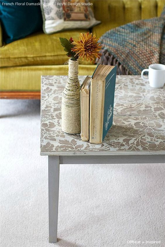 stencil yourself a tres chic coffee table, chalk paint, painted furniture, Small French Floral Damask Stencil