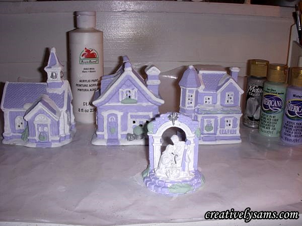 shabby chic lilac village, christmas decorations, crafts, decoupage, painting, seasonal holiday decor, shabby chic, Paint the houses I used Lilac acrylic paint you can use any color you like