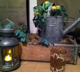i m a little bit country, home decor, repurposing upcycling, This turned out a favorite vignette of mine Just need to find that perfect lamp to add I hit the jackpot The old wooden crate for 2 99 The lantern for 2 99 and the small candle holder with the initial S 1 00 Goodwill