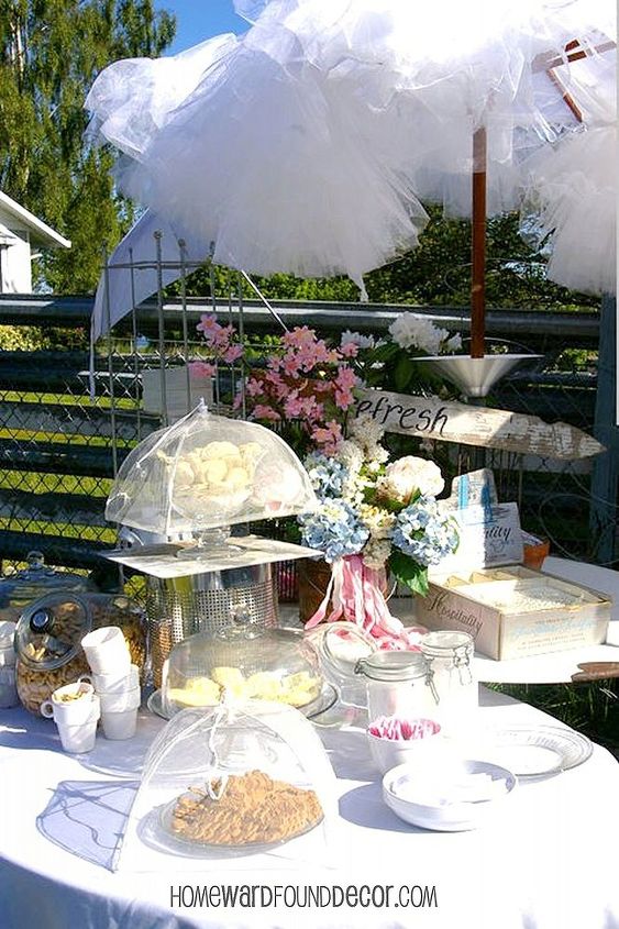 charming embellished umbrellas, crafts, outdoor living, The embellished umbrellas were a perfect topper for a feminine refreshment table at an event