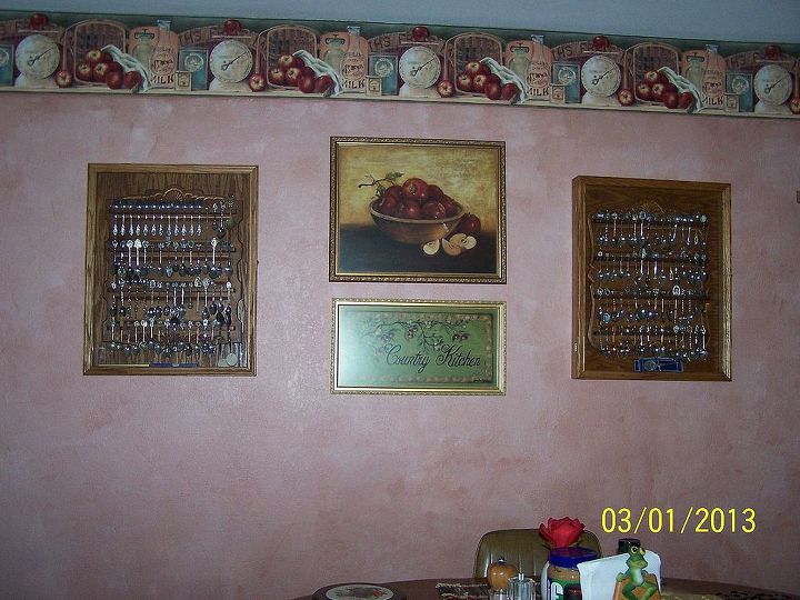 remodeling rearranging, home decor, painting, wall decor, This past Thurs I painted the wall again it s a mixture of Terra Cotta Dover White Course I changed the scounces to my spoon collection added picture that says Country Kitchen 2013