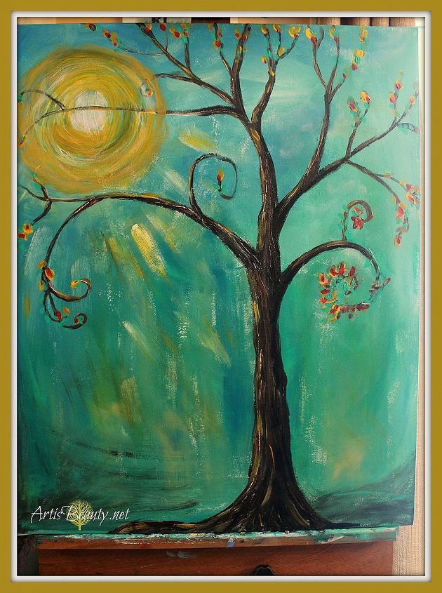 rescued home mud room bench makeover, laundry rooms, painted furniture, Along with my latest whimsy tree of life acrylic painting
