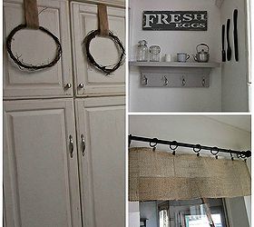 kitchen makeover, home decor, kitchen backsplash, kitchen design, Accessorizing was the fun part I hung grapevine wreaths from the dollar store and made a simple burlap valance My husband made the shelf and my daughter made the Fresh Eggs sign