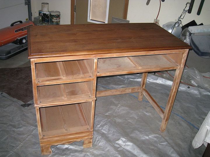 frumpy to fab desk redo, chalk paint, painted furniture, I stripped the top and the drawers sanded the body This is before I knew about chalk paint so I primed it and then painted it with Behr Swiss Coffee in satin
