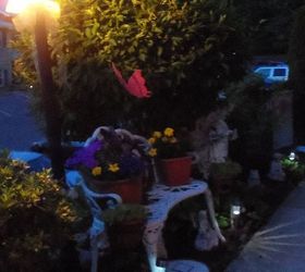 night time in the garden and patio, outdoor living, A lantern bought at Big Lot s years ago and solar lighting in the front yard