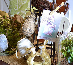 my burlapy and vintagey easter centerpiece, easter decorations, seasonal holiday d cor, Images of vintage Easter postcards clipped to the mug tree add to the vintage vibe