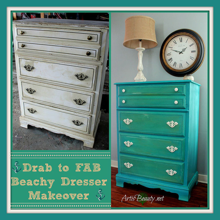 drab to fab beachy dresser makeover, painted furniture, Look at the difference a little paint can make