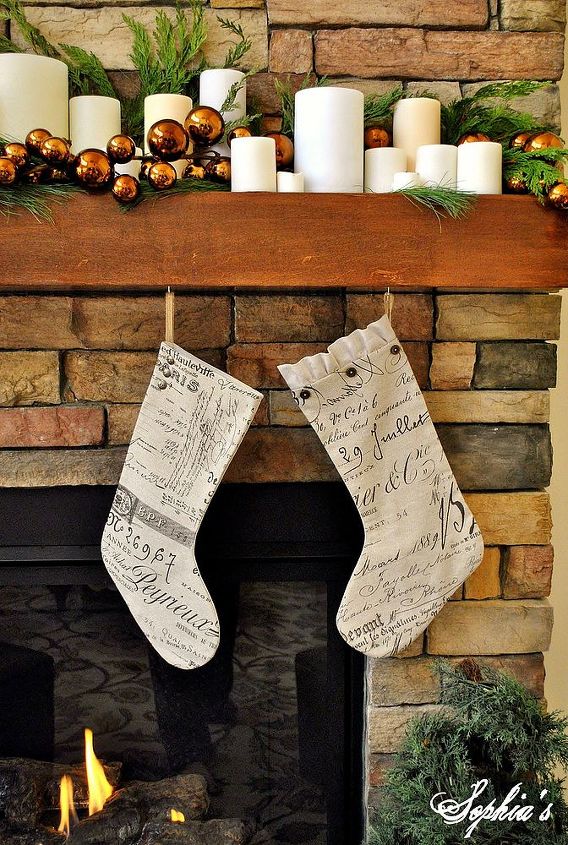 great room rustic christmas, christmas decorations, fireplaces mantels, living room ideas, seasonal holiday decor, Handmade document fabric stockings