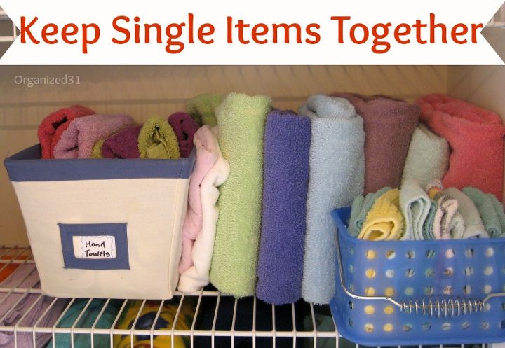 3 steps to an organized linen closet, closet, organizing, Uses boxes and containers to hold smaller items
