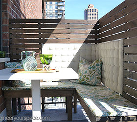 cozy diy corner dining booth on a small manhattan balcony, decks, diy, how to, outdoor living, urban living, woodworking projects, DIY outdoor balcony dining area with DIY outdoor wood benches