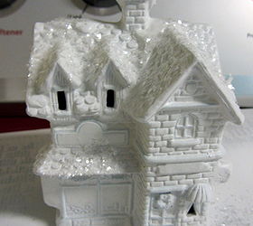 thrifted spray painted snow village, painting, seasonal holiday decor, Then I sprinkled with mica snow