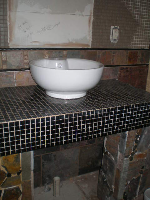 idea for master bathroom renovation, bathroom ideas, tiling, new vanity with slate column legs and black glass top