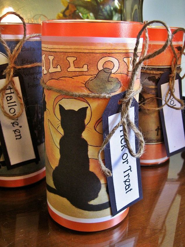 velas de halloween fceis de fazer com aparncia vintage, Escolhi gr ficos simples e coloridos com um gato preto em cada um deles