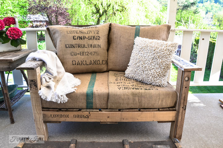 from dumping ground to patio again let s visit, outdoor furniture, outdoor living, painted furniture, patio, This 2 pallet chair is dreamy to sit on It s fun to change out the look