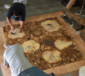 burl floor handmade, diy, flooring, woodworking projects, Gaps are fille with resin sawdust mixture