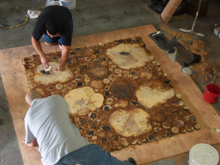 burl floor handmade, diy, flooring, woodworking projects, Gaps are fille with resin sawdust mixture