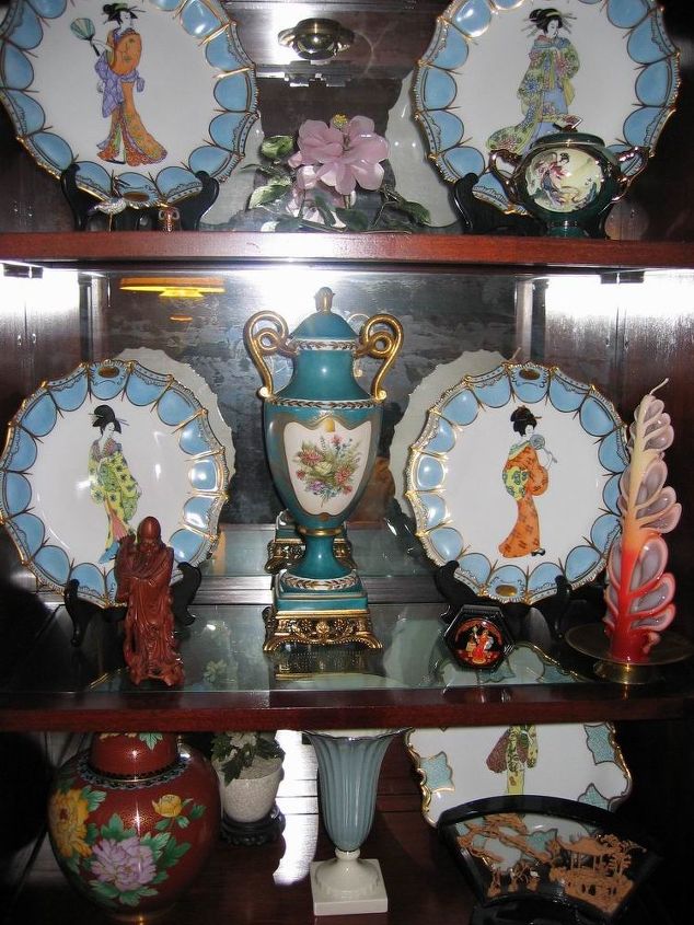 my dear mother s artwork amp sewing, crafts, Looking inside her cabinet that displayed a few of the 12 China plates she painted fired in her kiln Also painted the blue gold vase Others items were bought