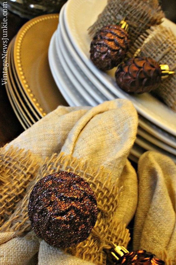 spruce up your thanksgiving dining room for under 20, seasonal holiday d cor, thanksgiving decorations, DIY Burlap Napkin Rings with Sparkly Pinecones
