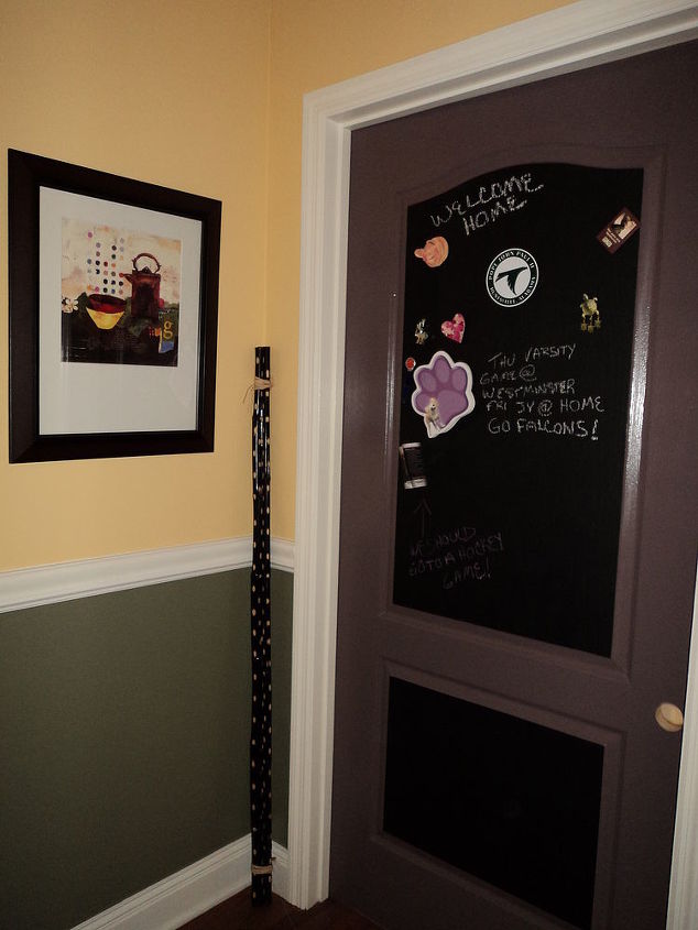 kitchen face lift on a budget, doors, home decor, kitchen backsplash, kitchen design, kitchen island, I had a problem with this cheap hollow core door to my laundry room On the left wall is an entry door and it looked quite strange to me So I made a message center with chalk and magnet paints