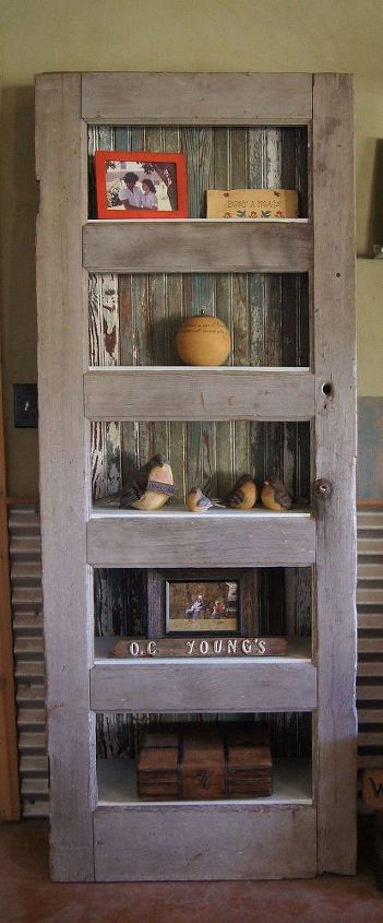 four ways to give old doors new life, home decor, painted furniture, repurposing upcycling, Old weathered door and floor boards used to create a leaning shelf