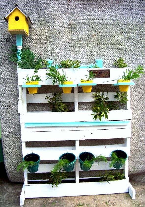 shabby chic pallet herb planter, diy, gardening, pallet projects, repurposing upcycling, Shabby Chic Oak Pallet multiple level herb planter is self standing or can be mounted on a fence
