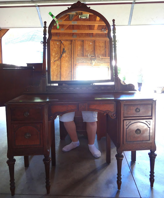 antique vanity refinished in french vanilla, painted furniture, Before she needed some veneer work