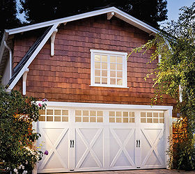 steel carriage house style garage doors, A crossbuck pattern fits right in with this cedar shake detached garage studio Clopay Coachman Collection steel and composite insulated garage door Design 21 SQ24 windows