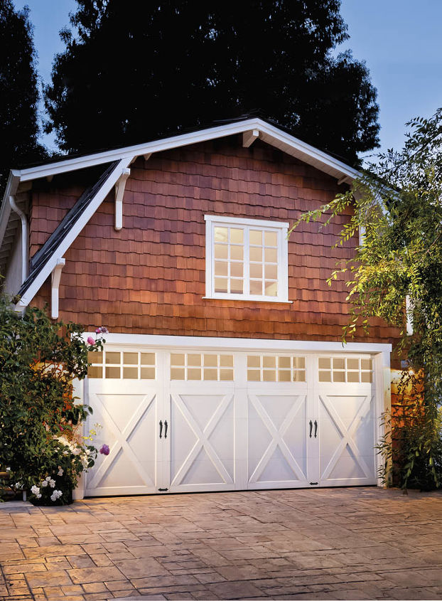 steel carriage house style garage doors, A crossbuck pattern fits right in with this cedar shake detached garage studio Clopay Coachman Collection steel and composite insulated garage door Design 21 SQ24 windows