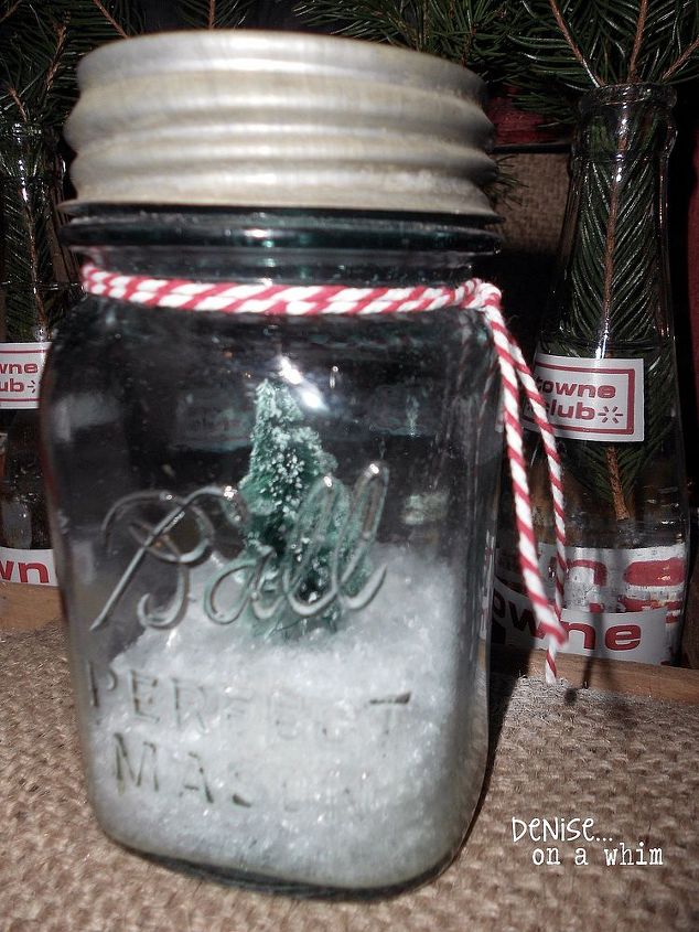 vintage santa and a soda crate, christmas decorations, repurposing upcycling, seasonal holiday decor, A Ball jar with snow and bottle brush tree