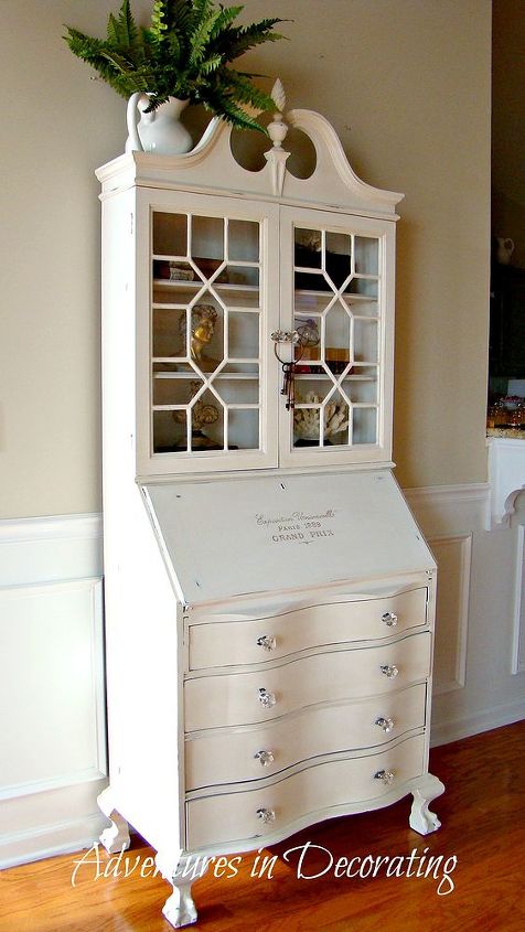 a revamped antique secretary, chalk paint, painted furniture, AFTER Thanks to a can of Annie Sloane s Pure White chalk paint this secretary go t a new look