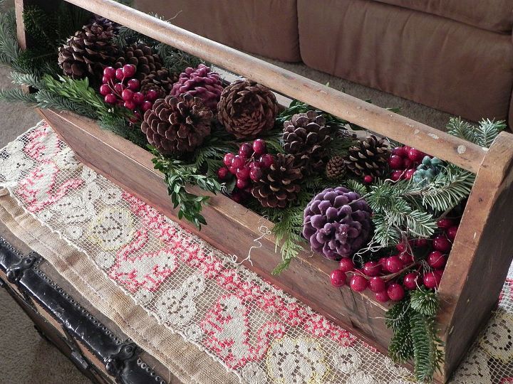 christmas decor, christmas decorations, crafts, mason jars, seasonal holiday decor, vintage tool tray filled with greenery and pine cones