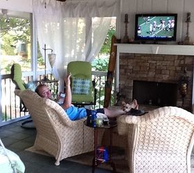 screen porch seating daybed, fireplaces mantels, home decor, outdoor living, porches, the view to the fireplace and big screen where football season is the best