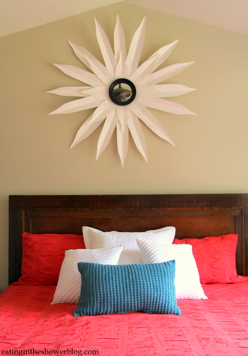 don t let the door hit you in the head, bedroom ideas, painted furniture, repurposing upcycling, The sunburst mirror was made following a tutorial from The Nester