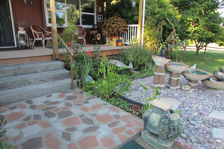 sidewalk make over, concrete masonry, curb appeal, diy, painting, I love to sit on the porch and watch the birds take a bath in the fountain