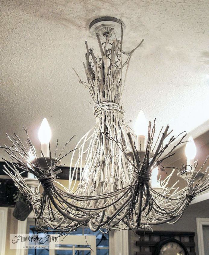 decorating from nothing to something a junker s full home tour, home decor, outdoor living, repurposing upcycling, Twigs were added to an existing chandelier to emulate that the entire fixture was all sticks