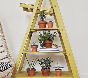 6 new uses for an old ladder, home decor, repurposing upcycling, Display odds and ends Need a place to display your stuff Give your ladder a fresh coat of paint and create tiered shelves by adding a few planks of wood across each set of steps