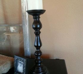 junking up my living space with rummage finds and wood signs, home decor, living room ideas, painted furniture, repurposing upcycling, Bought 3 candle sticks at a rummage sale Loved them but not loving the modern sheen