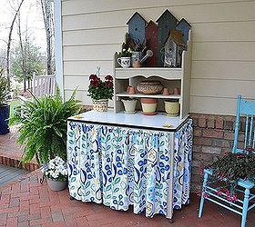 potting bench, flowers, gardening, painted furniture, Used a vintage enamel top table and a bench for shelves