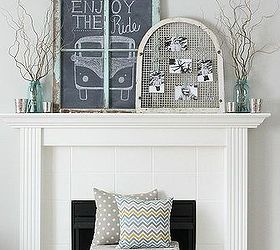 a wintery photo display from an old window grate, home decor, repurposing upcycling, The whole mantel