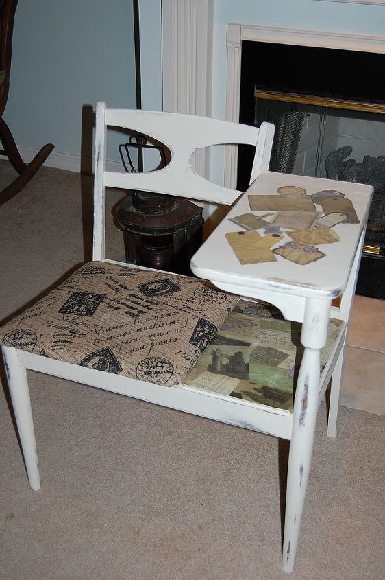 before amp after makeover for antique gossip bench chair, painted furniture, shabby chic, AFTER Painted with ASCP Old White distressed Sealed with Annie Sloan s clear wax Seat covered in French theme burlap Decoupaged French postcards notes tags