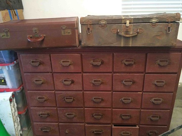 q hubby came home with this metal suitcase but full of dents any su, painted furniture, repurposing upcycling, Check out this dresser I ll be posting more questions I wonder if it was some sort of apothecary case