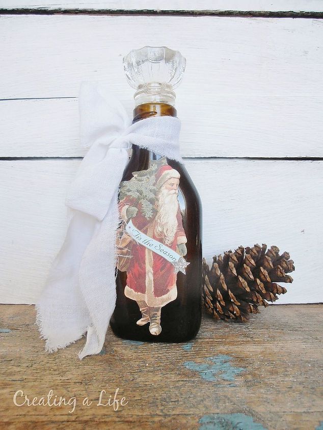 vintage inspired bottles, crafts, repurposing upcycling, seasonal holiday decor, It s really easy to create unique holiday decor with old bottles