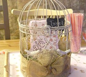 tweet birdcage michaels hometalk pinterest party mpinterestparty, chalkboard paint, crafts, decoupage, painting, I started by wrapping the burlap around the birdcage and putting some of the moss in it then wrapped the ribbon around it tying it off in a box bow