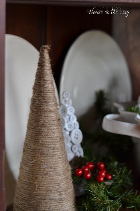 diy set of 5 cone christmas trees, christmas decorations, crafts, seasonal holiday decor, Twine wrapped cone tree and button covered tree spray painted white