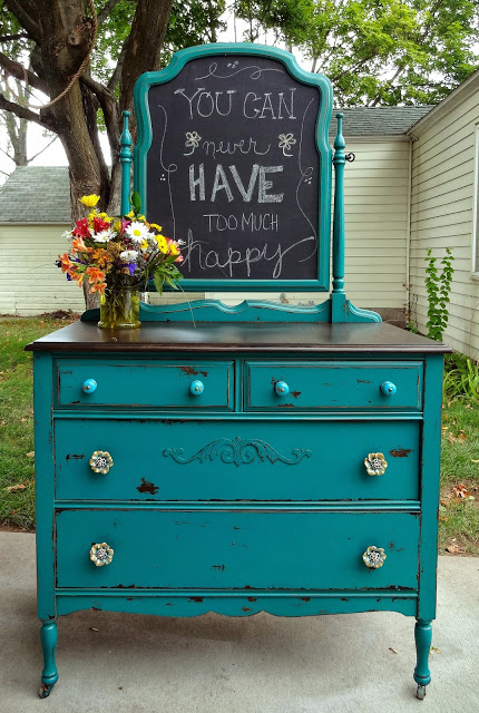 chippy teal dresser, chalkboard paint, painted furniture, repurposing upcycling, and here she is finished Just love this one