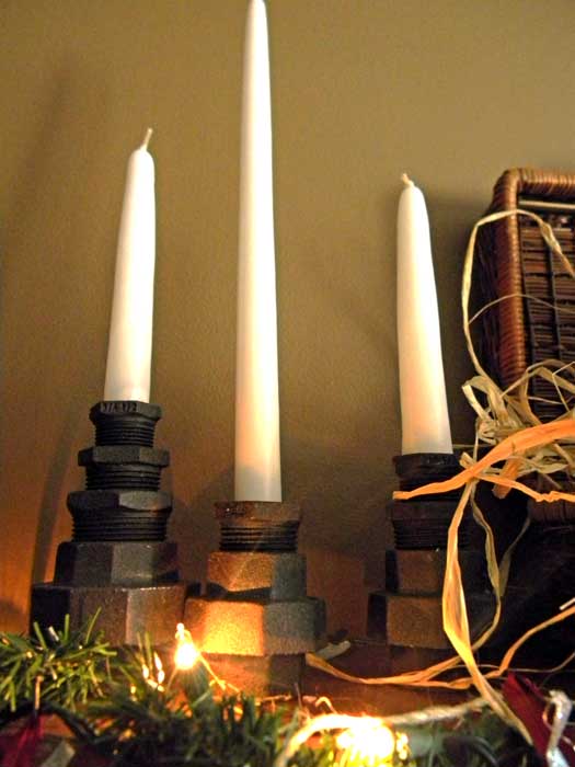 rustic country christmas mantel, christmas decorations, seasonal holiday decor, wreaths, Homemade industrial candle holders