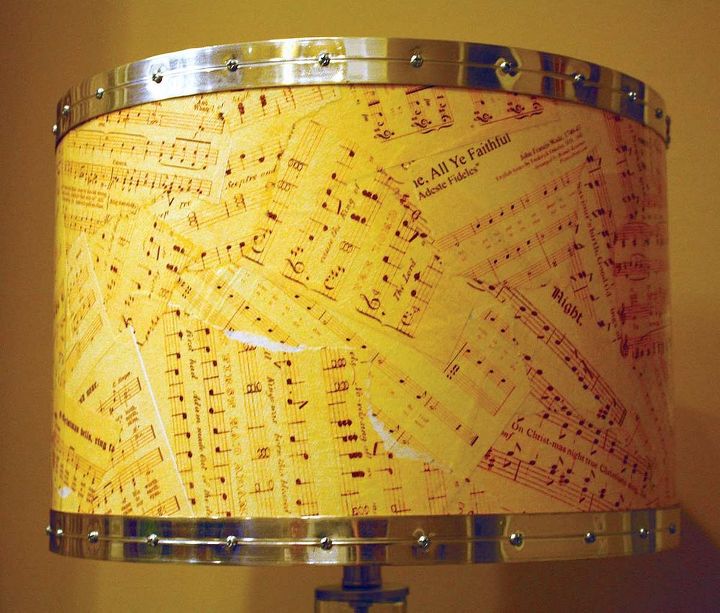 hometalk com lampsplus com holiday lamp challenge, lighting, repurposing upcycling, seasonal holiday decor, A closeup of the torn vintage sheet music prints I decouaged them and gave it an extra coat for sturdiness and protection
