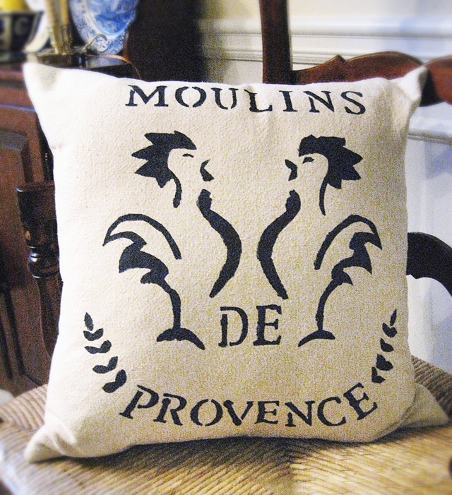 diy french grain sack rug, crafts, I used the same stencil to create a French grain sack pillow one of my favorites
