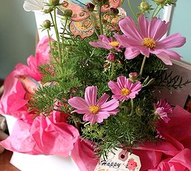 bloomin gifts from salvaged finds, container gardening, gardening, Beautiful blooms colorful tissue paper and a handmade retro Florida tag turn it into a gift that packs some WOW