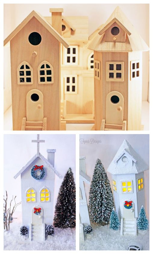 diy white christmas village, christmas decorations, crafts, seasonal holiday decor, wreaths, The Before and after of the birdhouse to village makeover